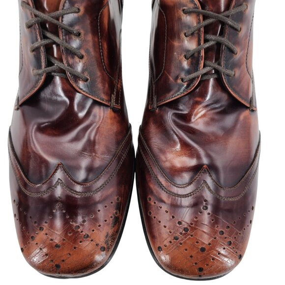 Prada Italy Mens 7.5 Distressed Brown Leather Wingtip Derby Oxfords Dress Shoes - Picture 12 of 13